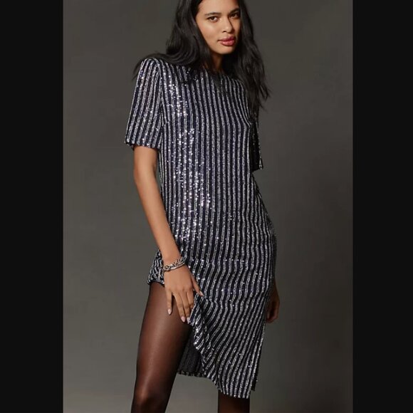 Anthropologie Dresses & Skirts - Anthropologie Flat White Dress Women Small Navy Blue Silver Sequin Striped Party